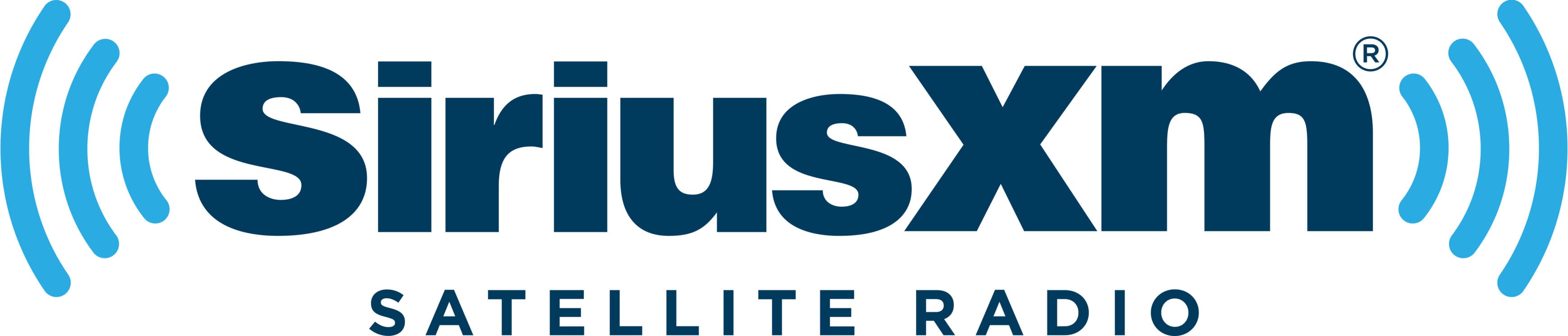 A blue and white logo for the satellite radio station sirius xm.